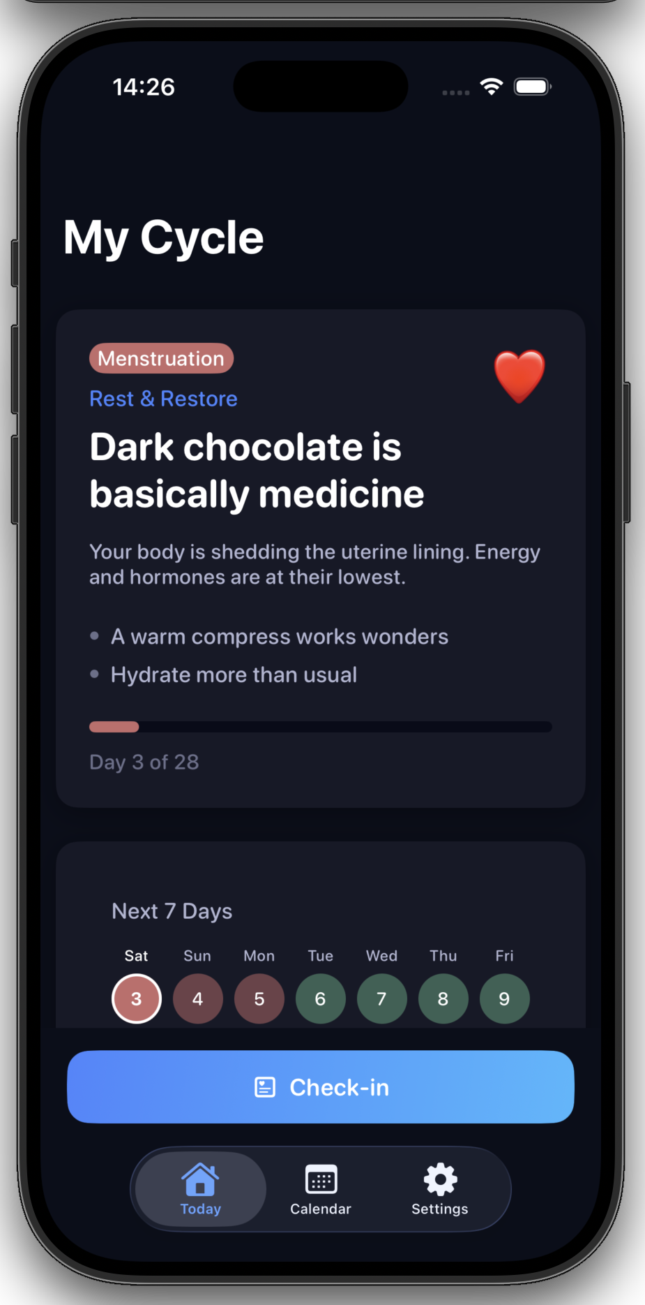 Yuni cycle view — her personal menstrual cycle tracker with daily insights