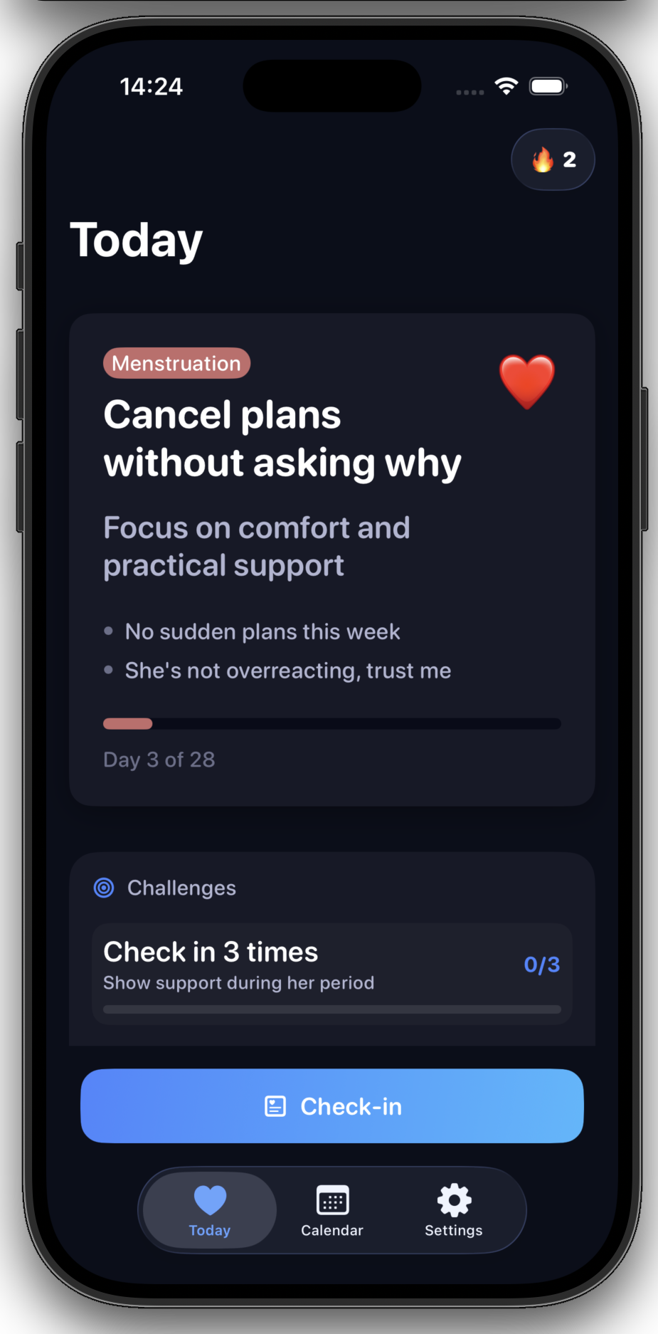 Yuni partner view — daily guidance for supporting her during menstruation