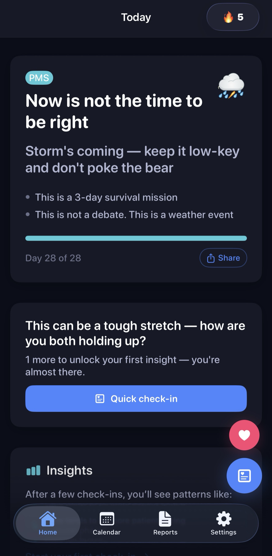 Yuni Today screen — PMS warning and survival guidance