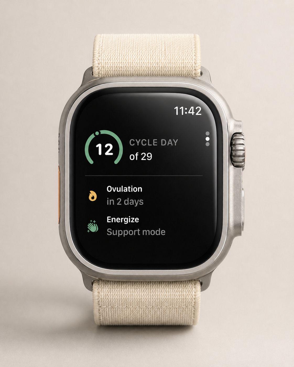 Yuni Apple Watch — cycle day, next phase, and partner support mode