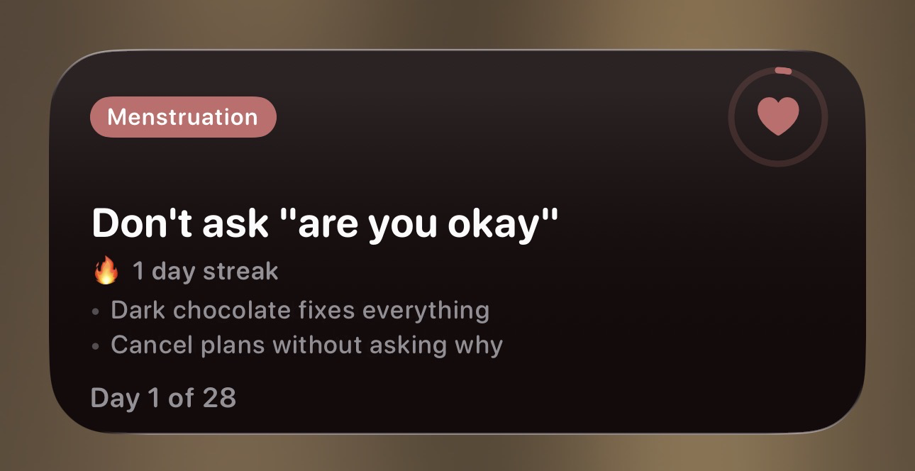 Yuni Menstruation widget — daily action and check-in streak
