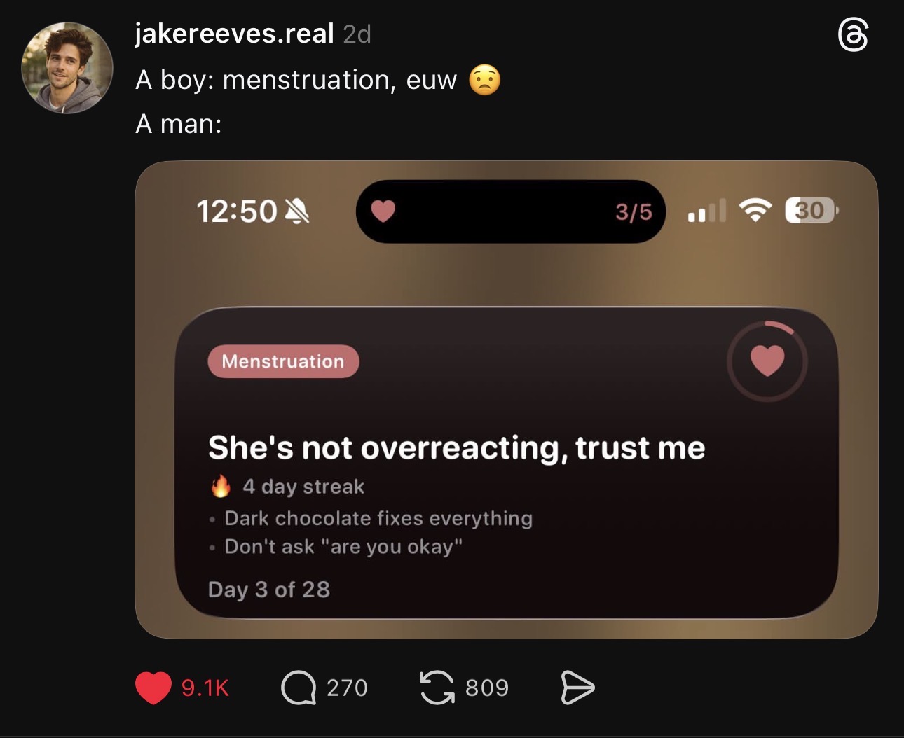 Viral Threads post about Yuni — 'A boy: menstruation, euw. A man:' with 9,100 likes