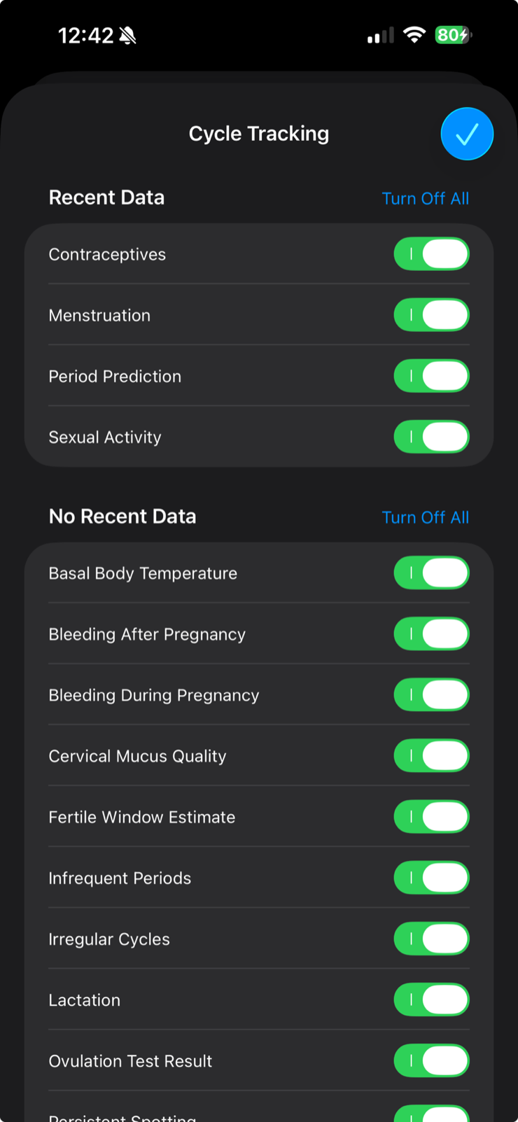 Écran de partage de Cycle Tracking dans Apple Health : interrupteurs distincts pour Contraceptives, Menstruation, Period Prediction, Sexual Activity et plus.